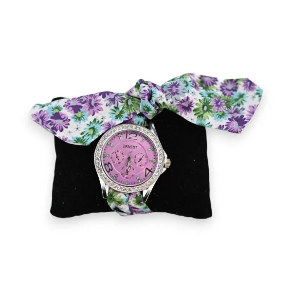 Orologio da polso fantasia con cinturino in tessuto floreale lilla e verde
