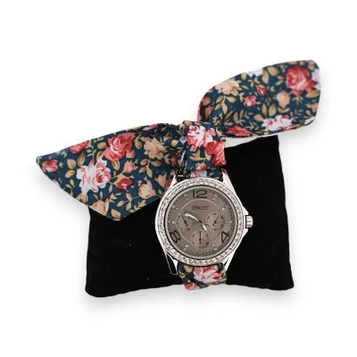Relógio de pulso com pulseira de tecido estampado floral na moda