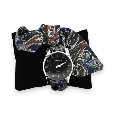 Orologio con cinturino in tessuto stampa cachemire blu navy e kaki