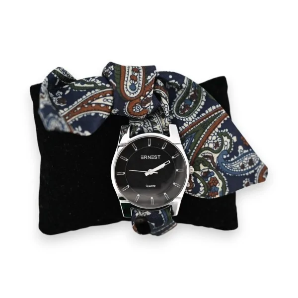 Navy blue and khaki paisley print fabric watch strap