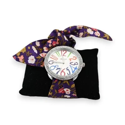 Reloj de pulsera con correa de tela violeta y flores multicolores