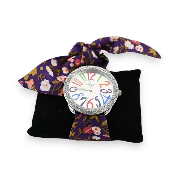 Orologio con cinturino in tessuto viola a fiori multicolori