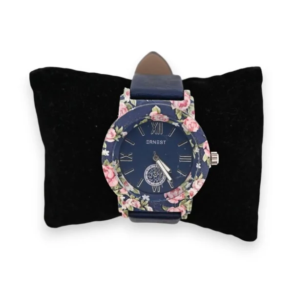 Relógio de couro sintético azul marinho com mostrador floral rosa