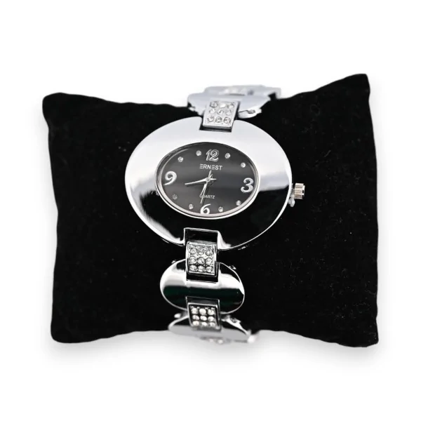 Silver-plated fancy watch with black oval dial