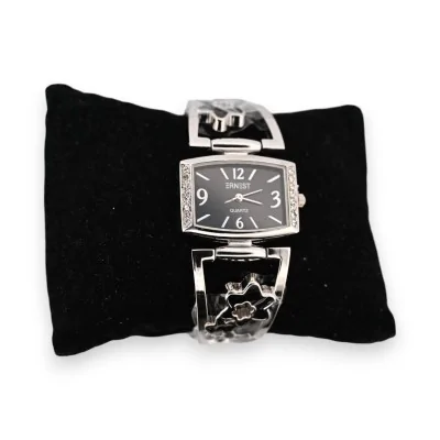 Silver fancy watch with black flower details