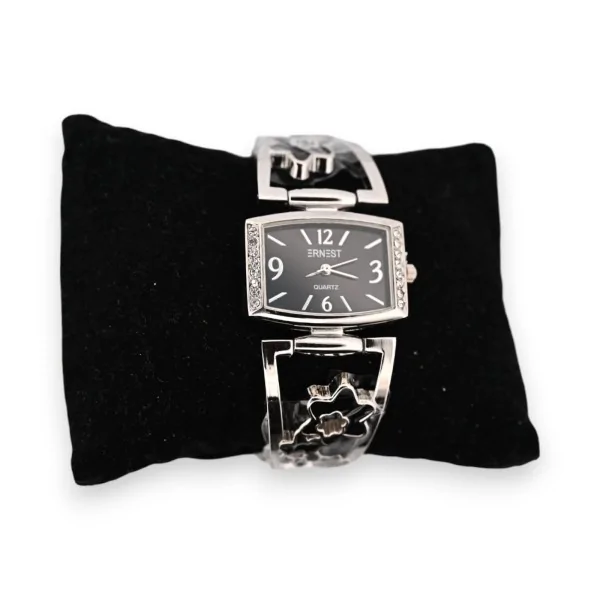 Silver fancy watch with black flower details
