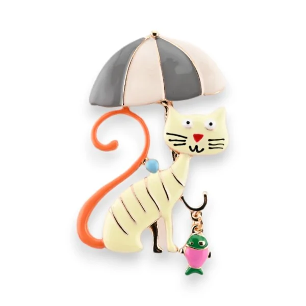 Humorous magnetic brooch with cat and umbrella