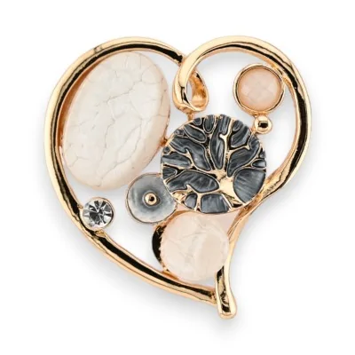 Broche magnética dourada coração pedras variadas