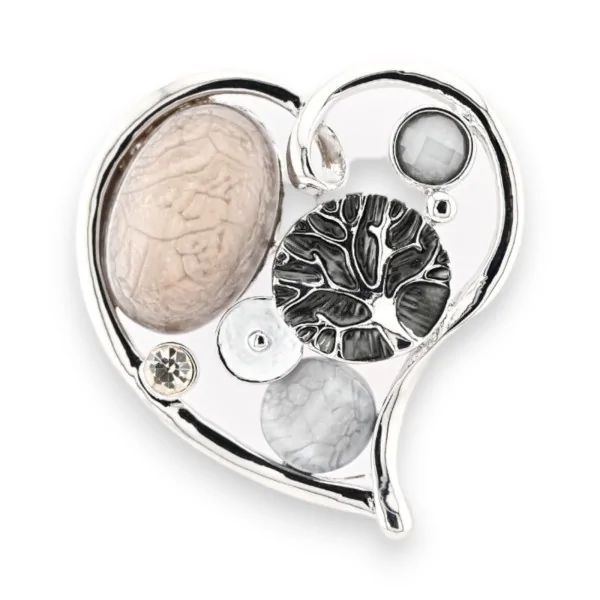 Spilla magnetica argentata a forma di cuore con pietre