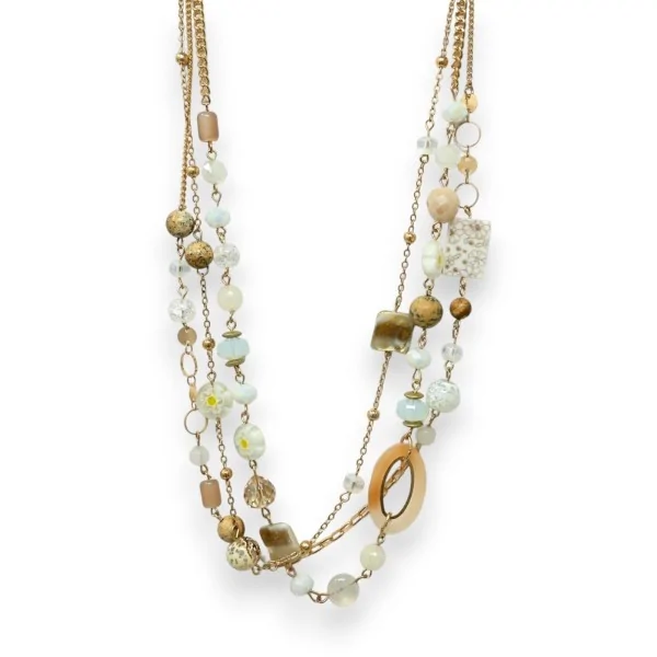 Collana dorata multifilo con perle diverse