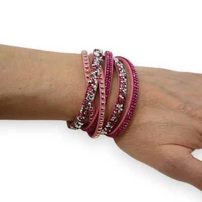 Pulseira dupla rosa com strass