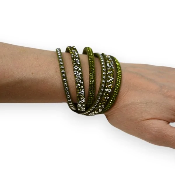 Pulseira dupla verde-oliva com strass