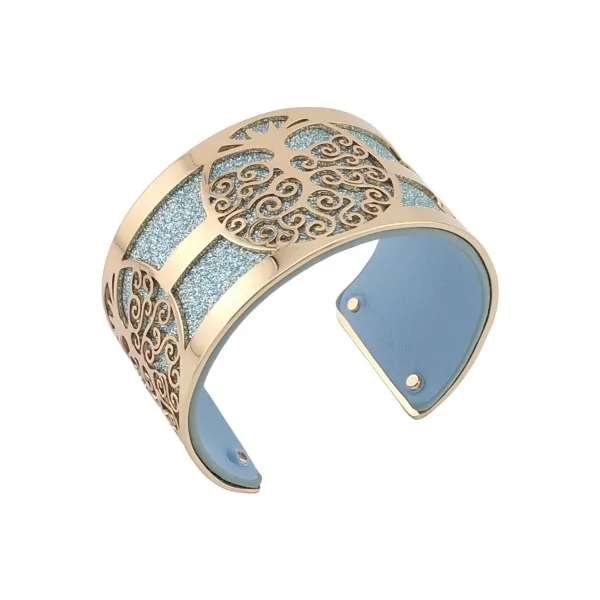 Breites Manschettenarmband mit Lebensbaum-Motiv, vergoldet, aus türkisfarbenem und hellblauem Kunstleder
