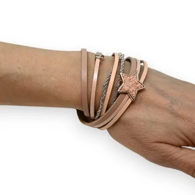 Pulsera doble de cuero rosa con estrella