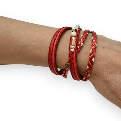Bracciale doppio in pelle intrecciata rossa