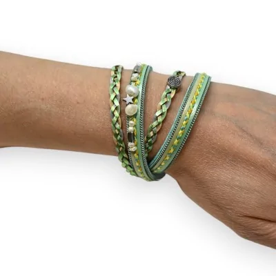 Doppeltes Armband aus geflochtenem Leder in Wassergrün
