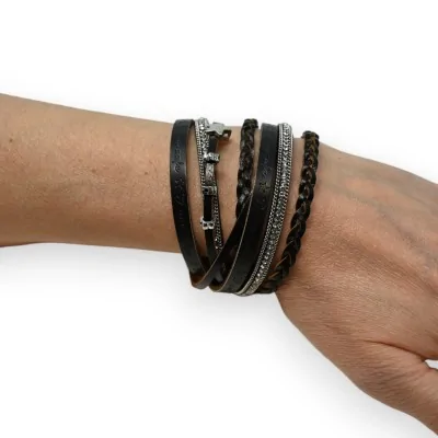 Schwarzes geflochtenes Doppel-Lederarmband mit Strass