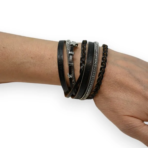 Schwarzes geflochtenes Doppel-Lederarmband mit Strass