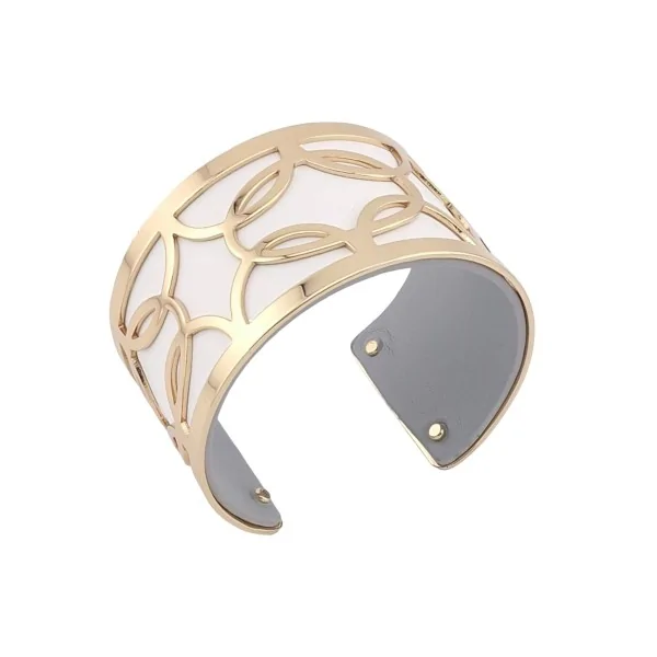 Brazalete ancho tipo machete con acabados dorados, símil cuero blanco y gris
