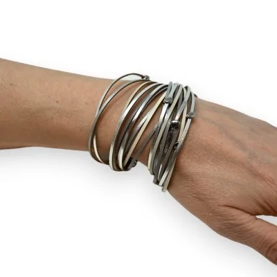 Silver double leather bracelet