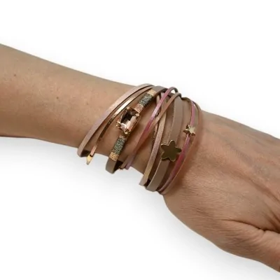 Dual leather bracelet with pink shades and shiny stone
