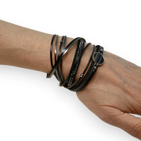 Black double leather bracelet with charms and grey rhinestones