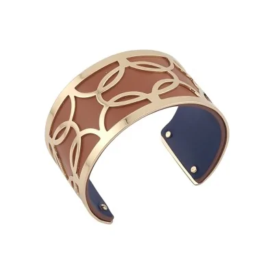 Bracelete largo tipo punho com acabamentos em couro sintético caramelo e azul marinho