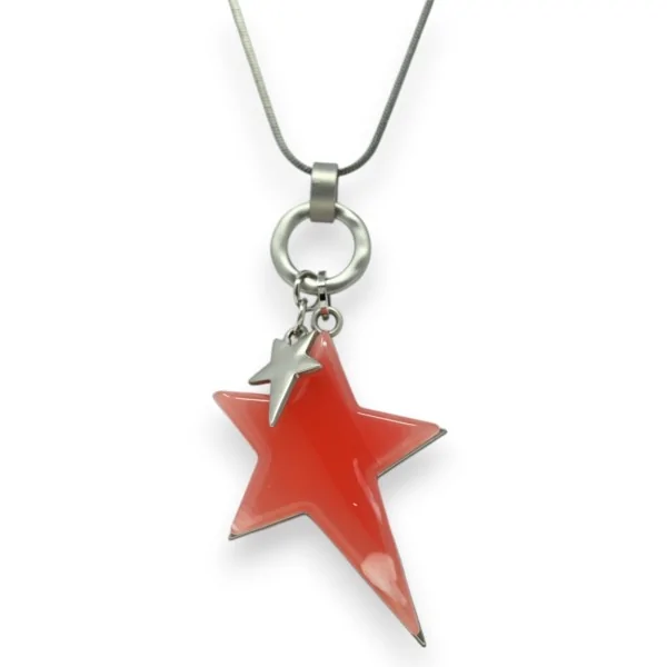 Lange Modeschmuck-Halskette Silber gebürstet mit asymmetrischem Korallen-Stern-Relief