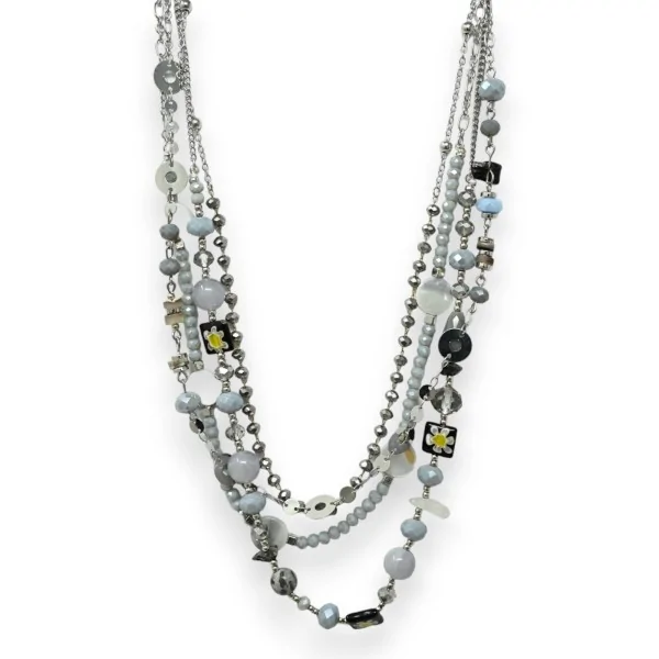 Parure collana fantasia argentata multi filo sfumature grigie