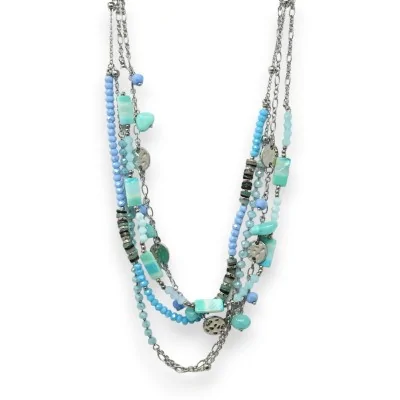 Conjunto de colar fantasia prateado multi camadas turquesa