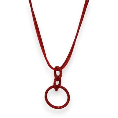 Long fancy necklace with interlaced red rhinestone circles