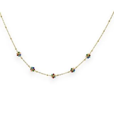 Gold-plated steel necklace with small multicolored flowers