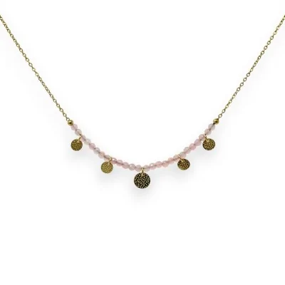 Colar de aço dourado com pedras de Quartzo Rosa