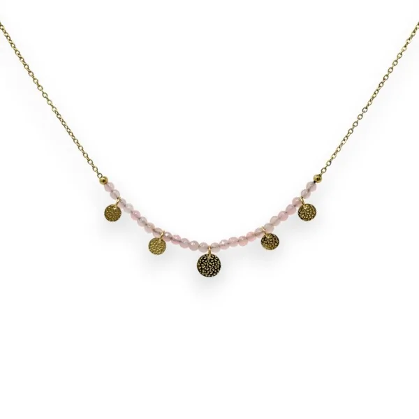 Collana in acciaio dorato con pietre di Quarzo Rosa