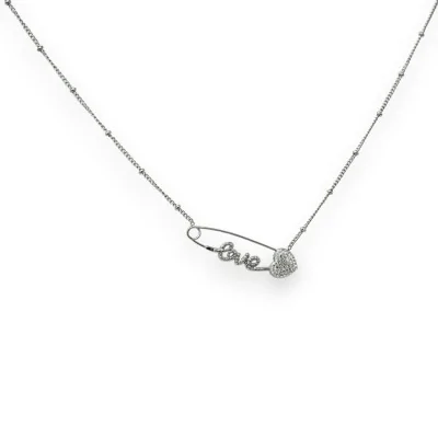 Collana in acciaio argentato LOVE con spilla a cuore scintillante