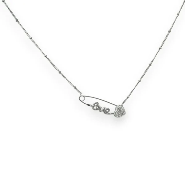 Collana in acciaio argentato LOVE con spilla a cuore scintillante