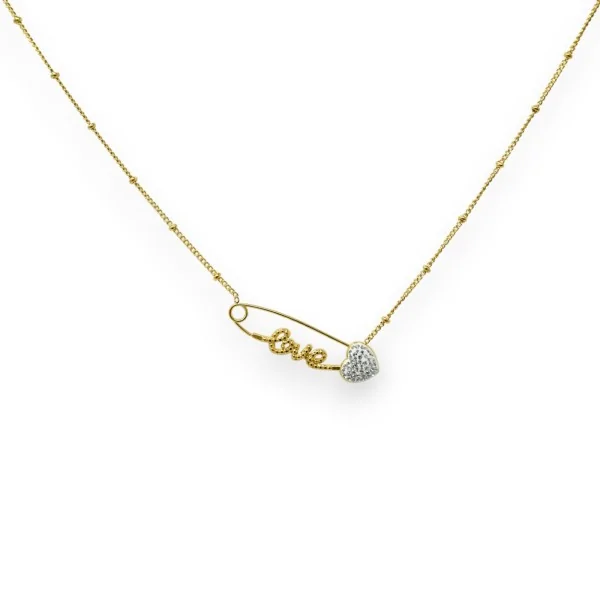 Collar de acero dorado con alfiler LOVE corazón de estrás
