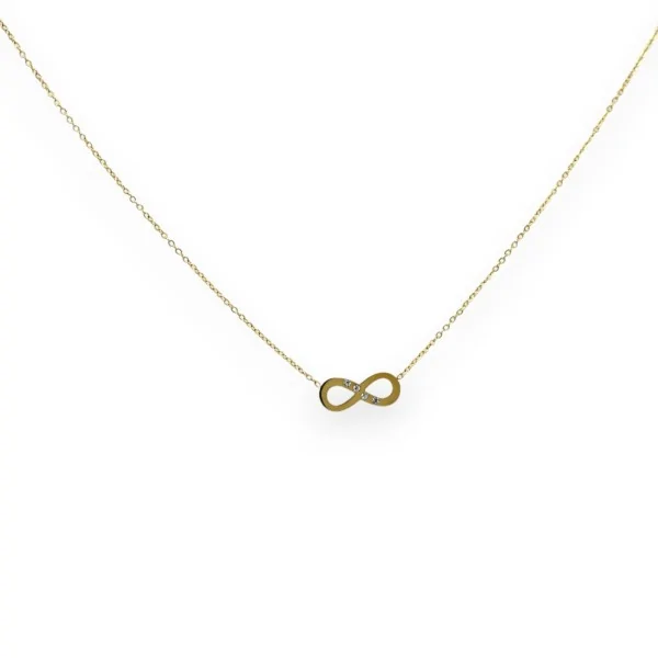Colar de aço dourado fino com símbolo do infinito e pedra cintilante