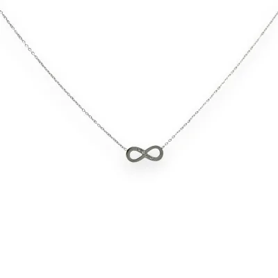 Collar de acero plateado con símbolo de infinito y piedras brillantes