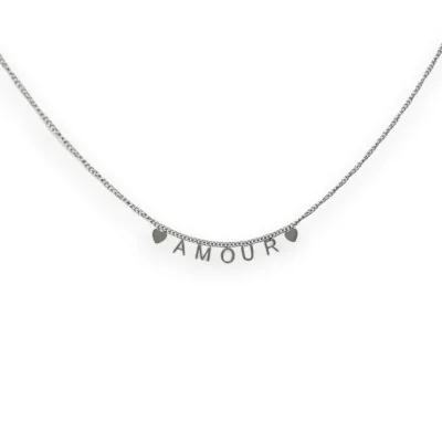 Collana in acciaio argentato AMORE con ciondoli a forma di cuore