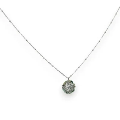 Collana in acciaio argentato con ciondolo albero della vita e pietre verdi