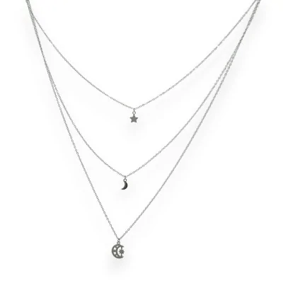 Collana in acciaio argentato multifilo con luna e stella