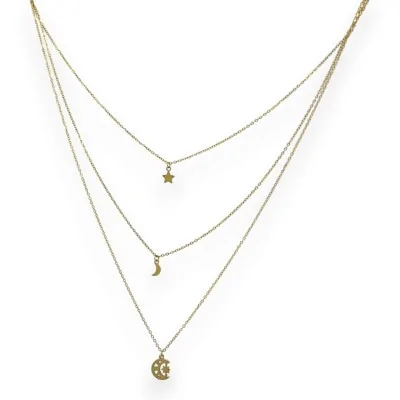 Collana in acciaio dorato a più fili con stella e luna