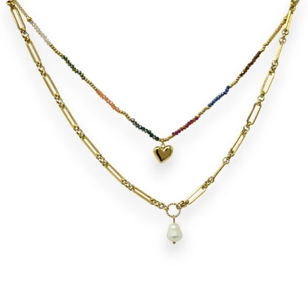 Colar dourado em aço de várias camadas com corrente e pérolas multicoloridas