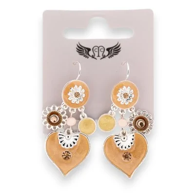 Silver-plated fancy heart earrings with beige charms