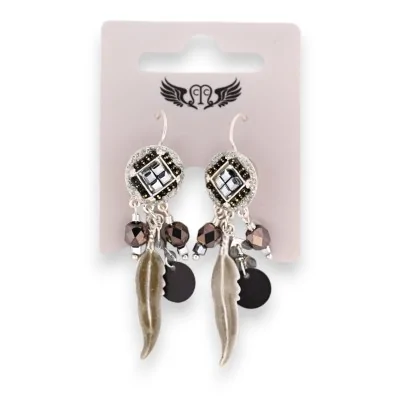 Black and grey feather sleeper earrings
