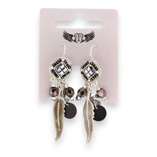 Black and grey feather sleeper earrings