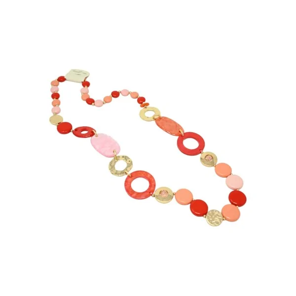 Colar longo vintage com círculos em tons de vermelho e laranja
