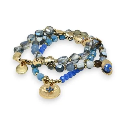 Pulseira de 3 peças com pérolas em tons de azul e cinza
