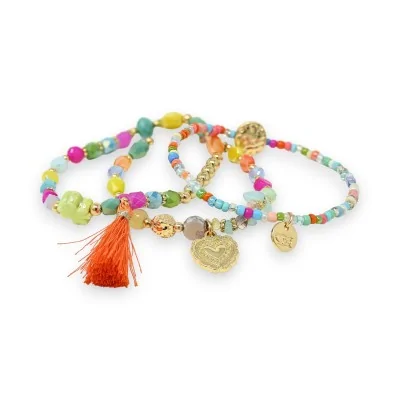 Armband 3-teilig mit bunten Perlen und orangefarbener Quaste